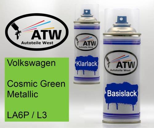 Volkswagen, Cosmic Green Metallic, LA6P / L3: 400ml Sprühdose + 400ml Klarlack - Set, von ATW Autoteile West.